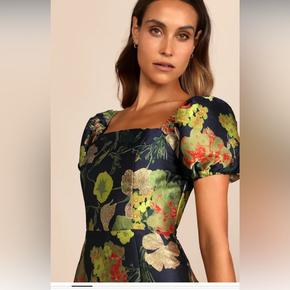 So Stunning Navy Blue Floral Jacquard Puff Sleeve Mini Dress from Lulus - Picture 2 of 6